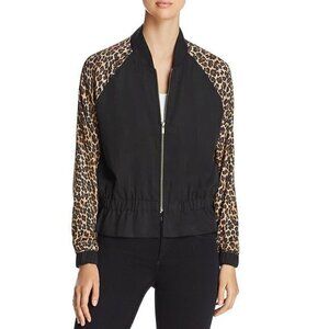Three Dots Leopard Print Bomber Jacket - Black/Camel Full Zip Up Womens Size XS‎